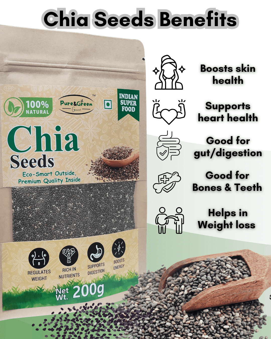 Pure&Green Gourmet Premium Chia Seeds – 100% Natural & Raw | High in Omega-3, Fiber & Protein | Superfood for Weight Loss, Digestion & Energy | 200g - Image 3